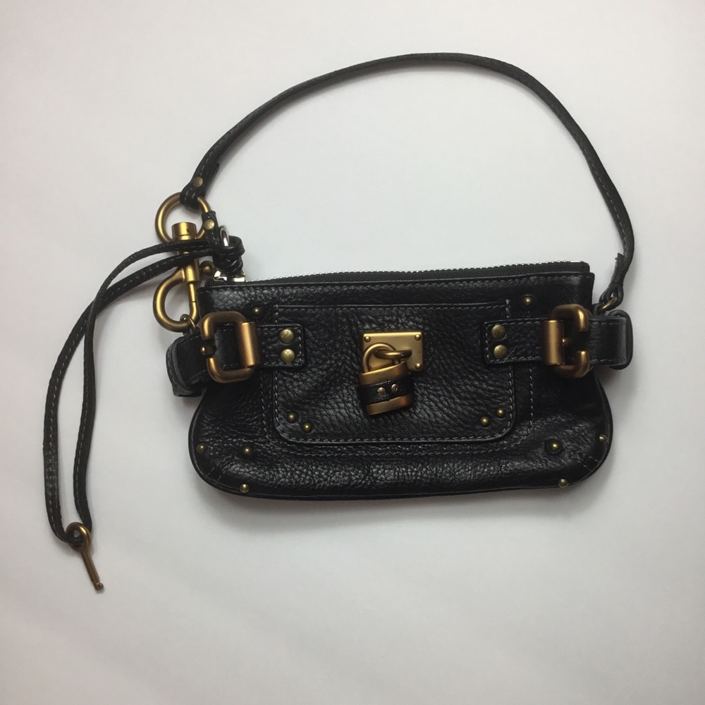 Chloe black leather wristlet small clutch